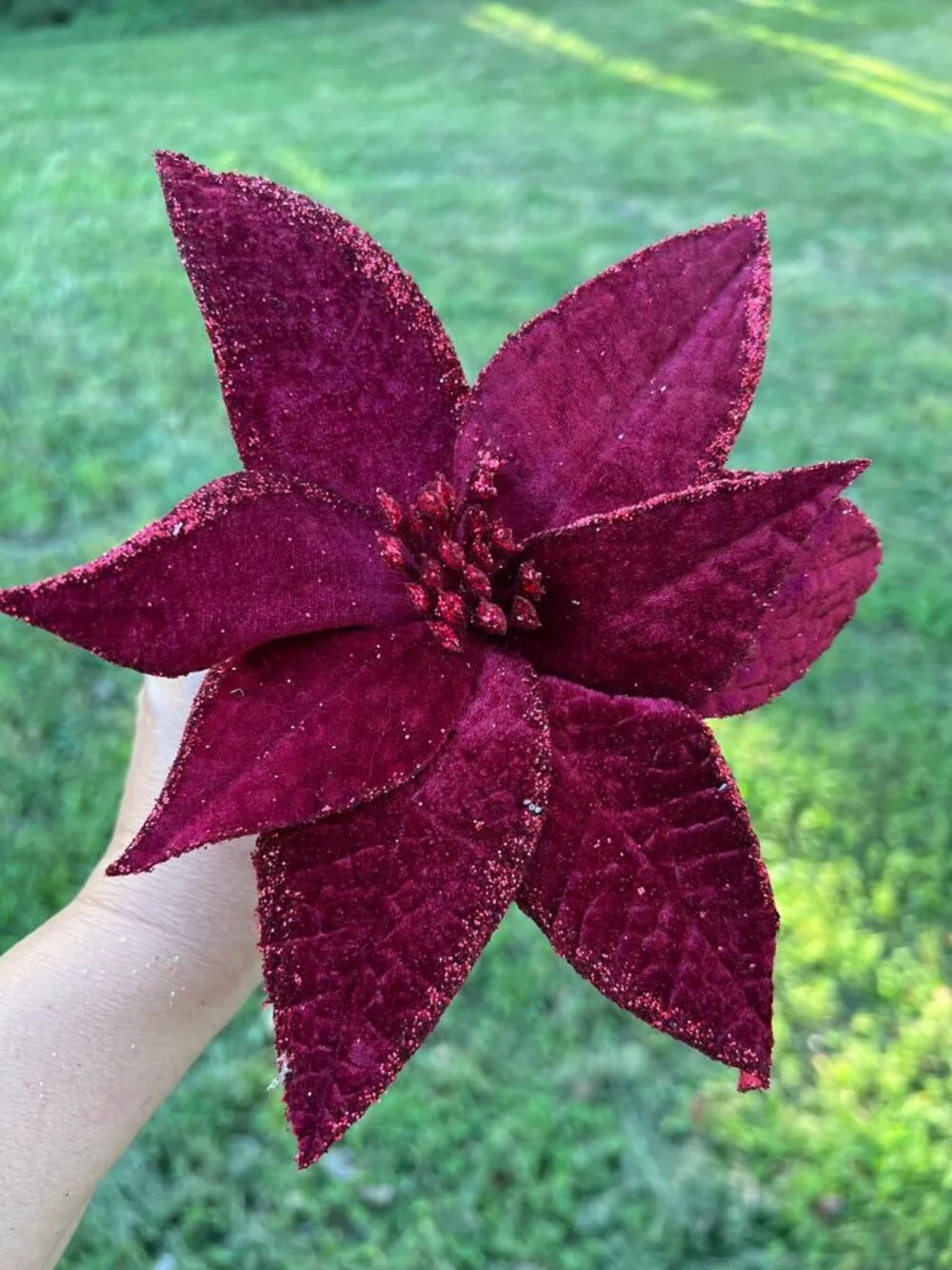 Burgundy Velvet Poinsettia Clip Pick Christmas Tree Trimming Wreath Decor